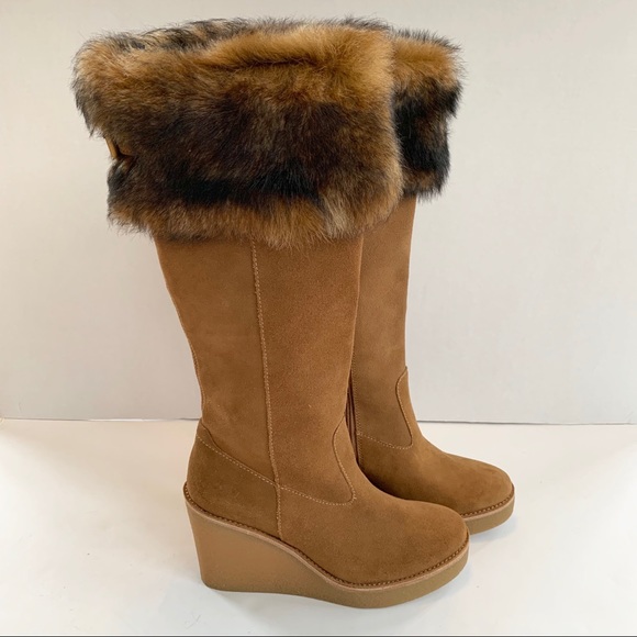 UGG Shoes Ugg Valberg Suede Real Fur Cuff Wedge Boot 67 Nwt Poshmark